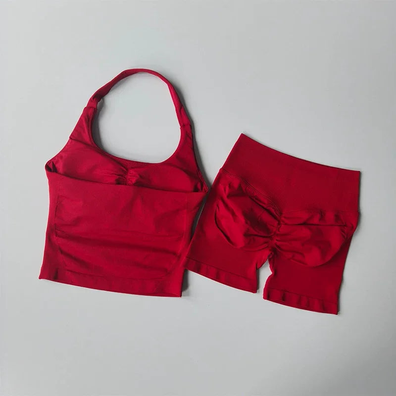 Yoga 2 Pieces Gym Set Women Backless Halter Tops High Waist Seamless Shorts Gym Suit Fitness Sports Bras Sportswear Workout Sets