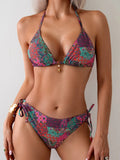 Ring Link Triangle Bikinis 2026 Women Lace Up Swimwear Printed Swimsuit Female Bathers Bathing Swimming Suit Beachwear Summer