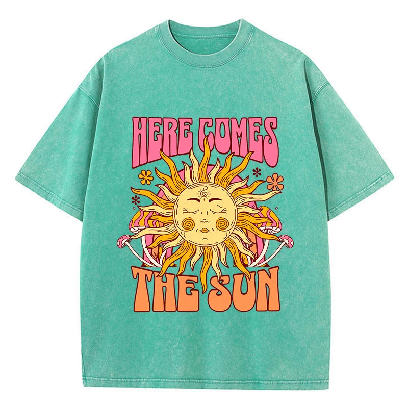Oversize Women's Washed T-Shirt Cotton Here Comes The Sun Prints T Shirts Casual O-Neck Short Sleeve Tops Loose Women's Clothes