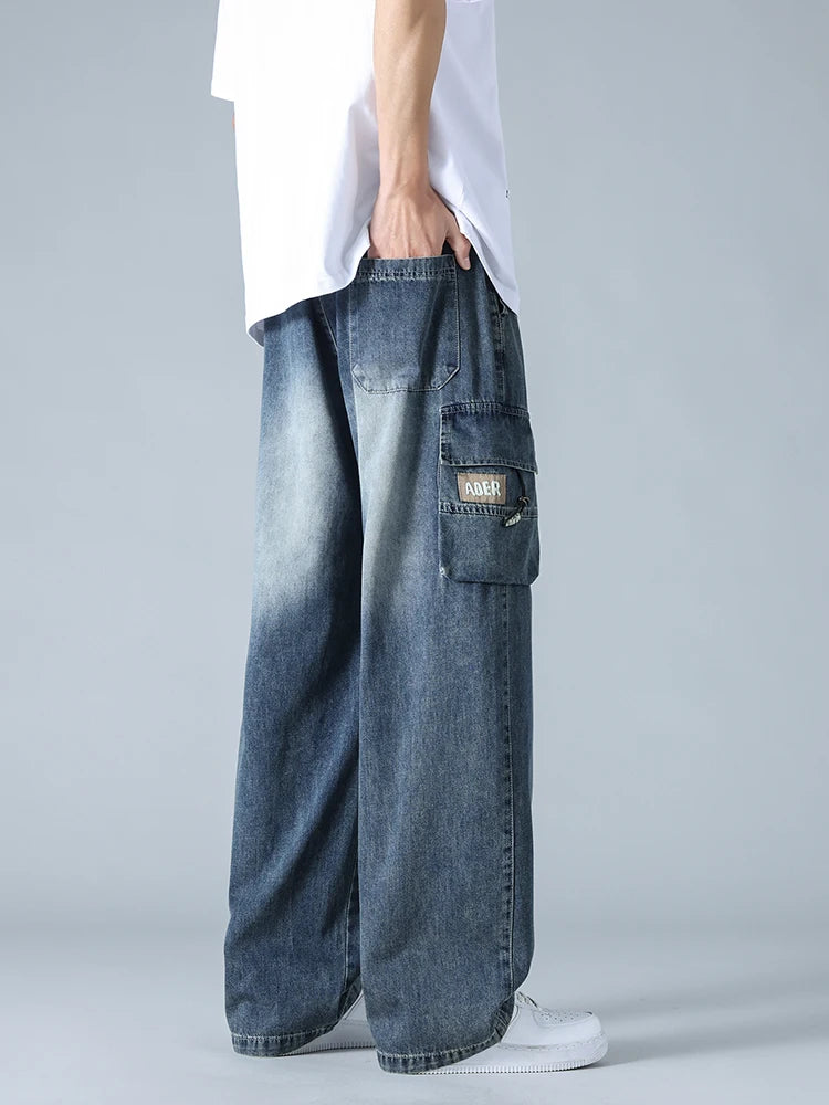 Summer Men's Straight Jeans Multi-Pockets Wide Leg Denim Cargo Pants 8XL 7XL 6XL Big Size Lightweight Baggy Jeans Trousers
