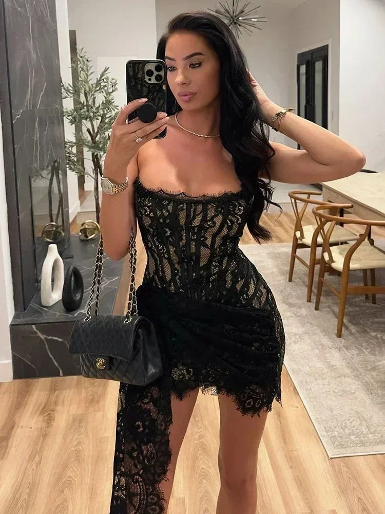 TARUXY Sexy Lace See-through Patchwork Corset Dress Female Bodycon Elegant Party MIrrgualr Mini Dress Women Tube Top Dress New