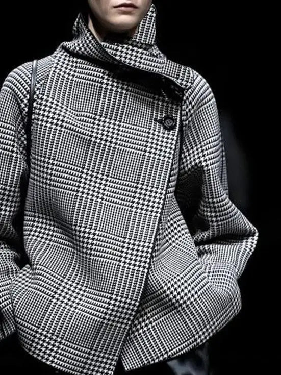 Women's Fashion Coat Black Jacket 2025 New Autumn Winter Retro Plaid Houndstooth Pattern Button Asymmetric Light Coat for Women