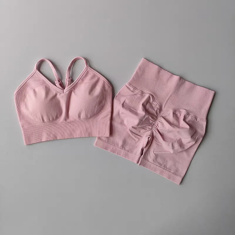 Women's High Waist Yoga Sets Workout Gym Clothing 2 Pcs Sports Suits Fitness Sets Tracksuit Sportswear Shorts Sets