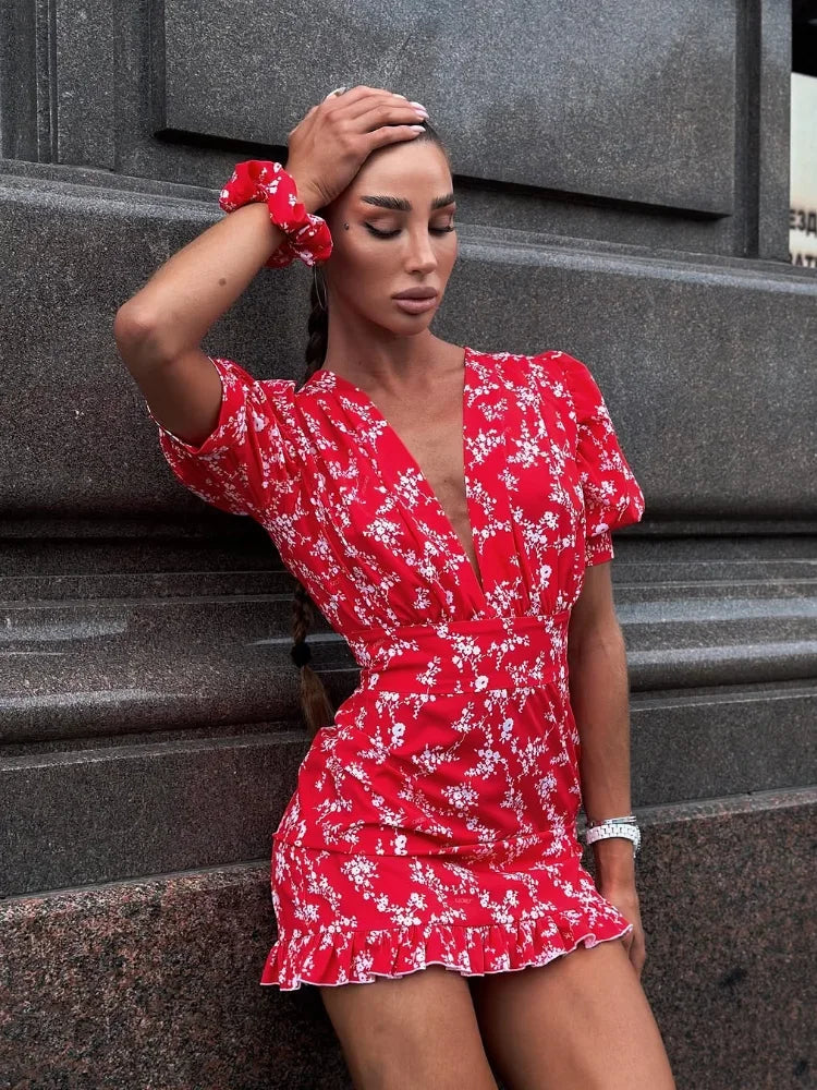 Floral Print Women's Casual Dress V-neck Puff Sleeve Waistband Ruffle Hem Female Mini Dresses 2026 Summer Party Vacation Gown