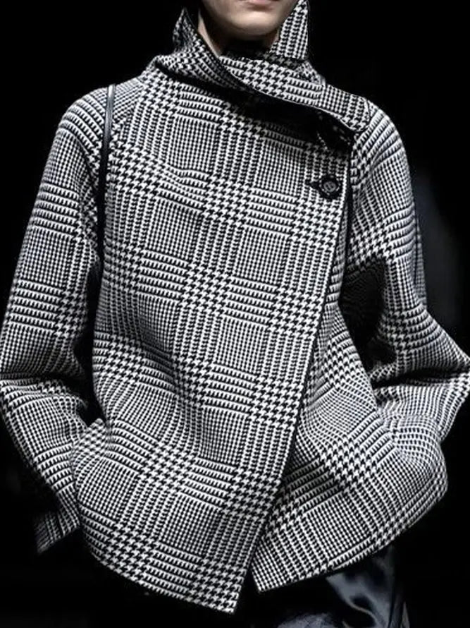 Women's Fashion Coat Black Jacket 2025 New Autumn Winter Retro Plaid Houndstooth Pattern Button Asymmetric Light Coat for Women