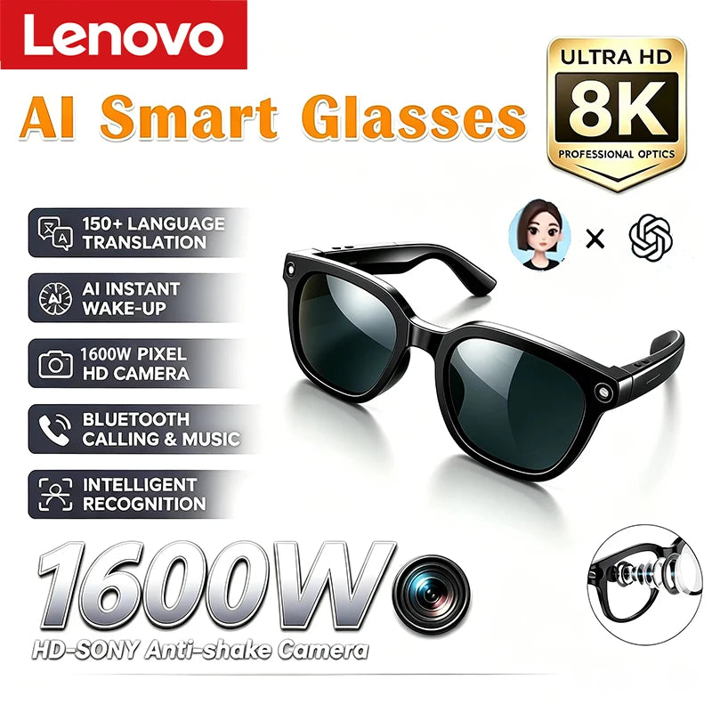 Lenovo 2026 New 8K AI Translation AI Smart Glasses Bluetooth Calling Music Player Camera Control Anti Blue Light Sunglasses