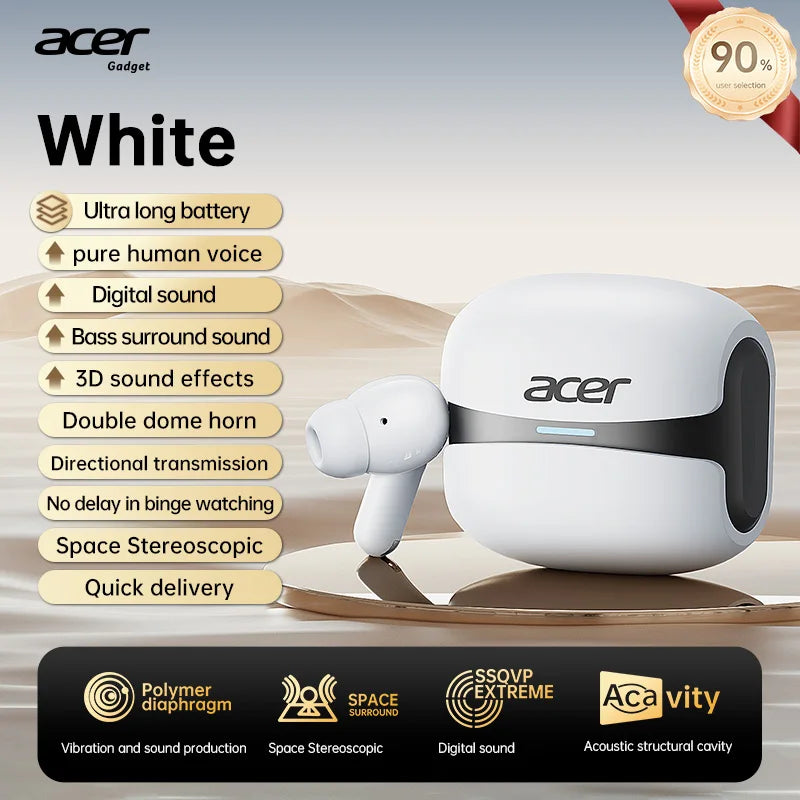 Acer Ohr548 Wireless Bluetooth Headphones with In-Ear Design, Anc Call Noise Reduction, Charging Case, Stereo Sound Effect, Low Latency for Gaming, Comfortable Fit for Sports, Running, and Fitness