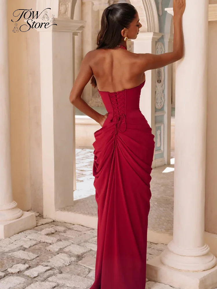 Elegant Solid Pleated Halter Women's Dress Fashion Sleeveless Backless Waist-cinching Split Maxi Dresses Summer Party Gowns 2026