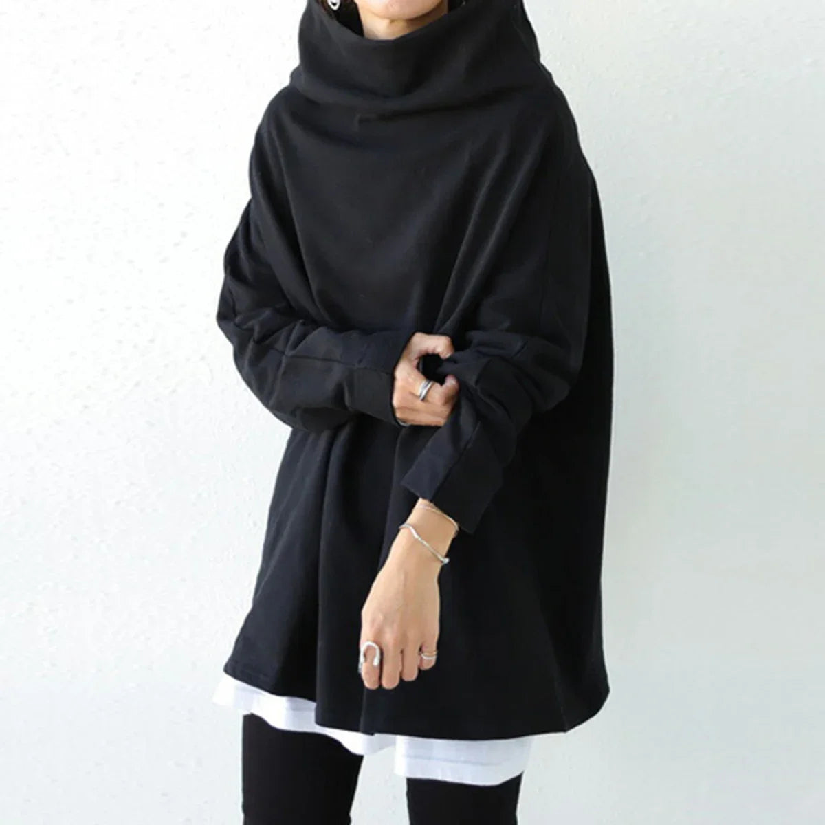 Women's Oversize Simple Tops 2025 New Fashion Casual Solid Color High-Neck Long Sleeve T-Shirt For Women