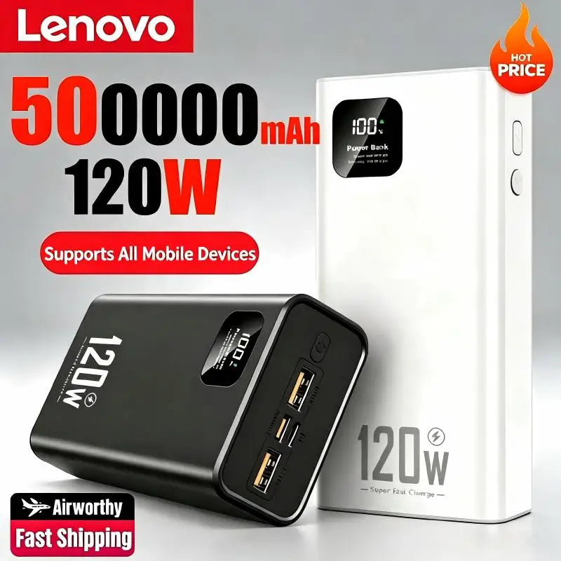 Lenovo 500000mAh Portable Power Bank 120W Super Fast Charging High Capacity External Battery Charger Powerbank For iPhone Huawei