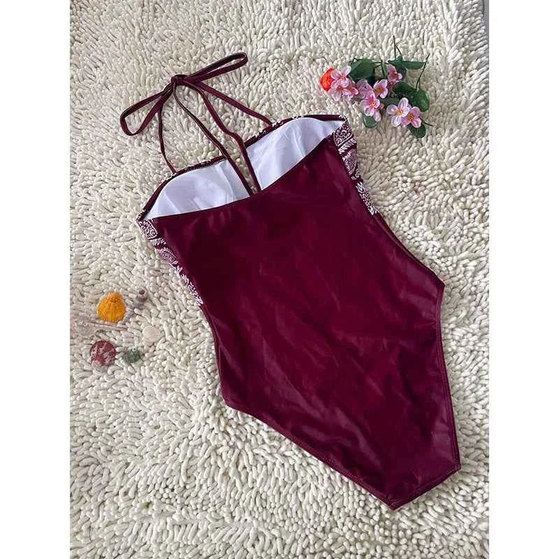 Retro Print Halter Backless Swimsuit