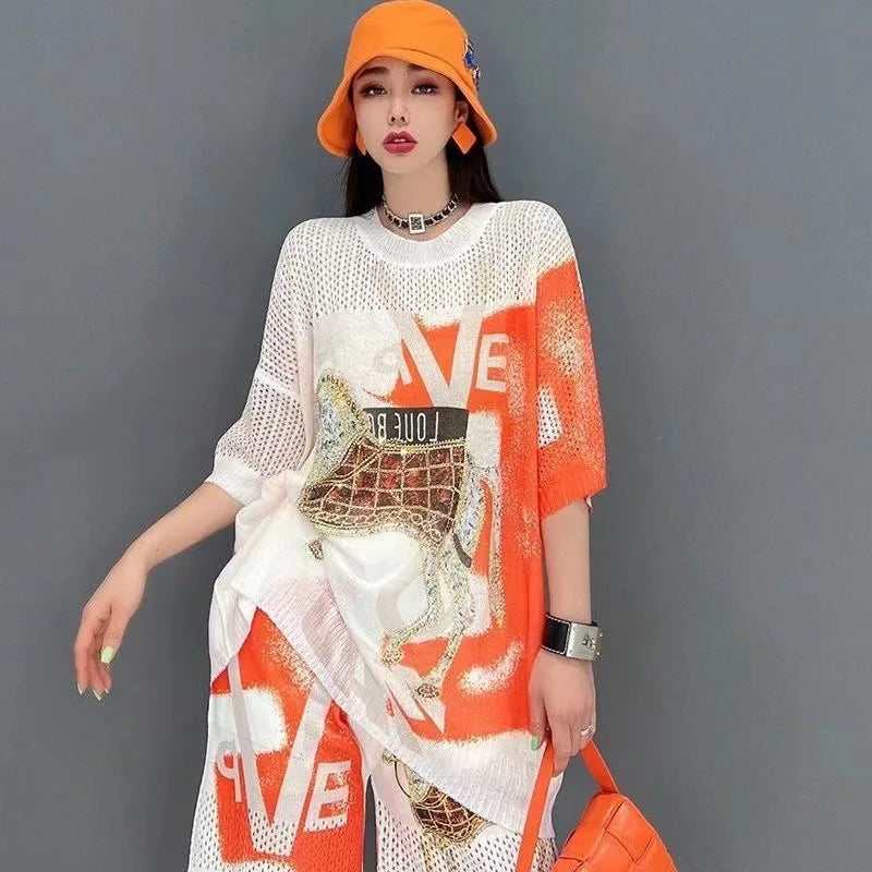 Shorts Suit Female Summer New Cartoon Rhinestone Printing Fashion Loose Round Neck Short Sleeve Top and Shorts Two-Piece Set