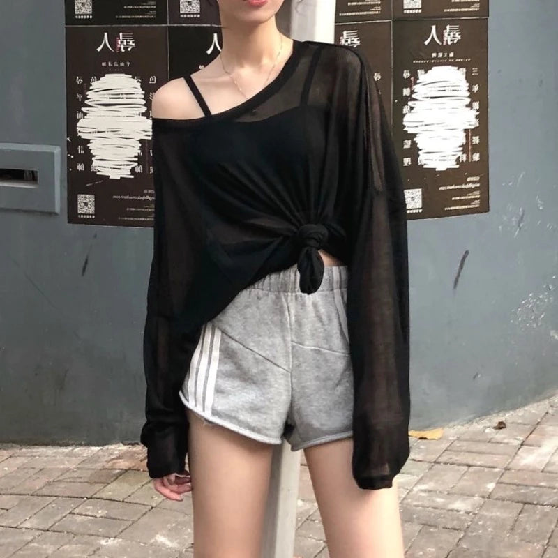 Sexy Sheer Baggy T-shirt for Women Summer Casual Fashion Loose Pullovers Chic Lazy Solid Color Off Shoulder Top Streetwear