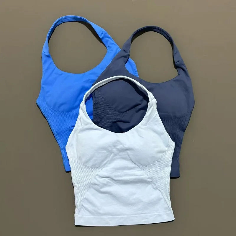 Gym Sports Top Women Seamless Yoga Tank Longline Strappy Top Open Back Bra Sportswear Gym Clothing Running Workout Halter