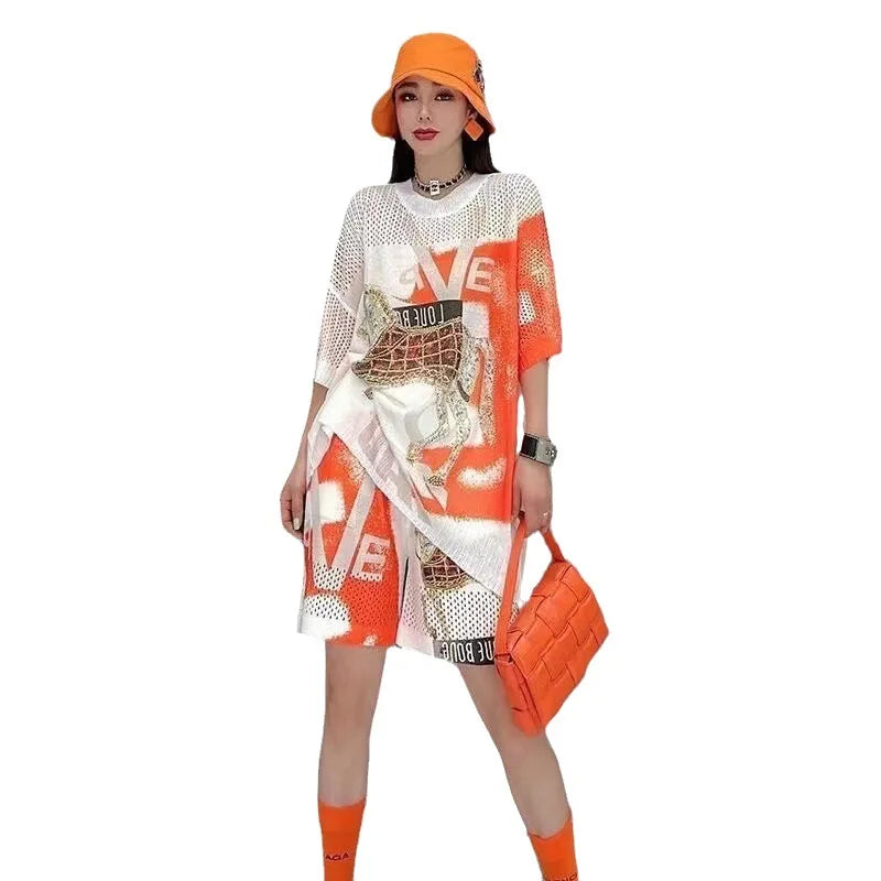 Shorts Suit Female Summer New Cartoon Rhinestone Printing Fashion Loose Round Neck Short Sleeve Top and Shorts Two-Piece Set