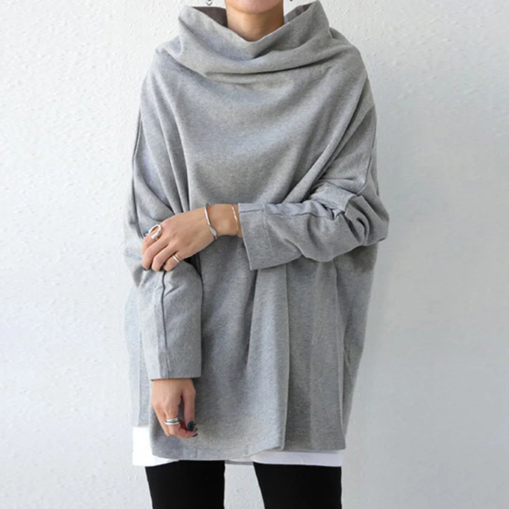Women's Oversize Simple Tops 2025 New Fashion Casual Solid Color High-Neck Long Sleeve T-Shirt For Women