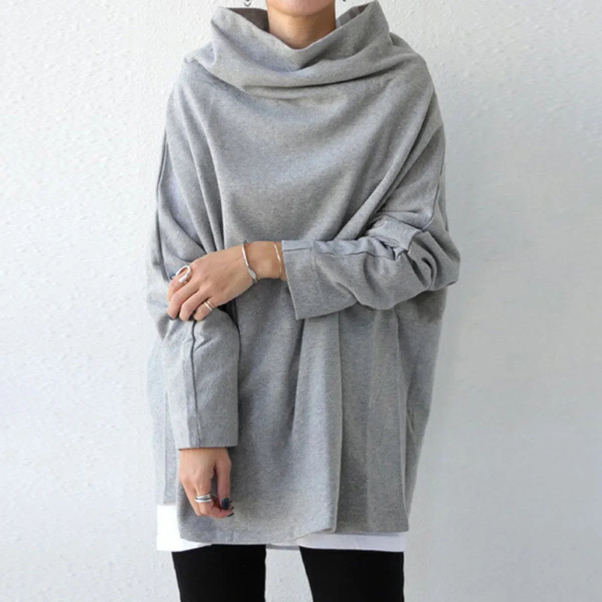 Women's Oversize Simple Tops 2025 New Fashion Casual Solid Color High-Neck Long Sleeve T-Shirt For Women