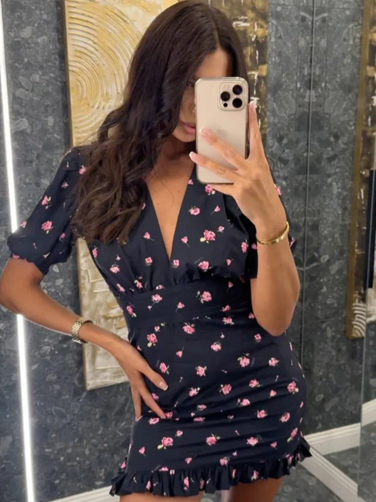 Floral Print Women's Casual Dress V-neck Puff Sleeve Waistband Ruffle Hem Female Mini Dresses 2026 Summer Party Vacation Gown