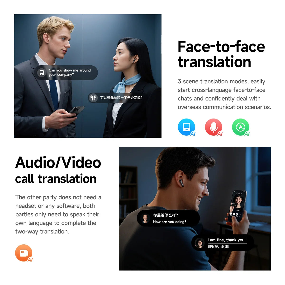 EQ27 OWS Open Ear Wireless Earbuds AI Smart Translator LCD Touch Control Bluetooth 5.3 Sports Headphones Waterproof Long Enduran