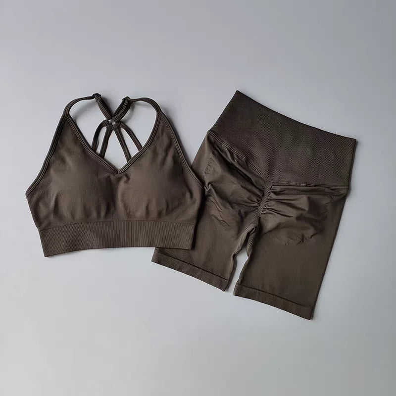 Women's High Waist Yoga Sets Workout Gym Clothing 2 Pcs Sports Suits Fitness Sets Tracksuit Sportswear Shorts Sets