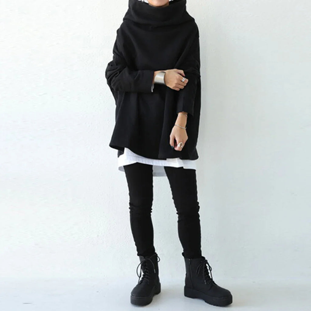 Women's Oversize Simple Tops 2025 New Fashion Casual Solid Color High-Neck Long Sleeve T-Shirt For Women