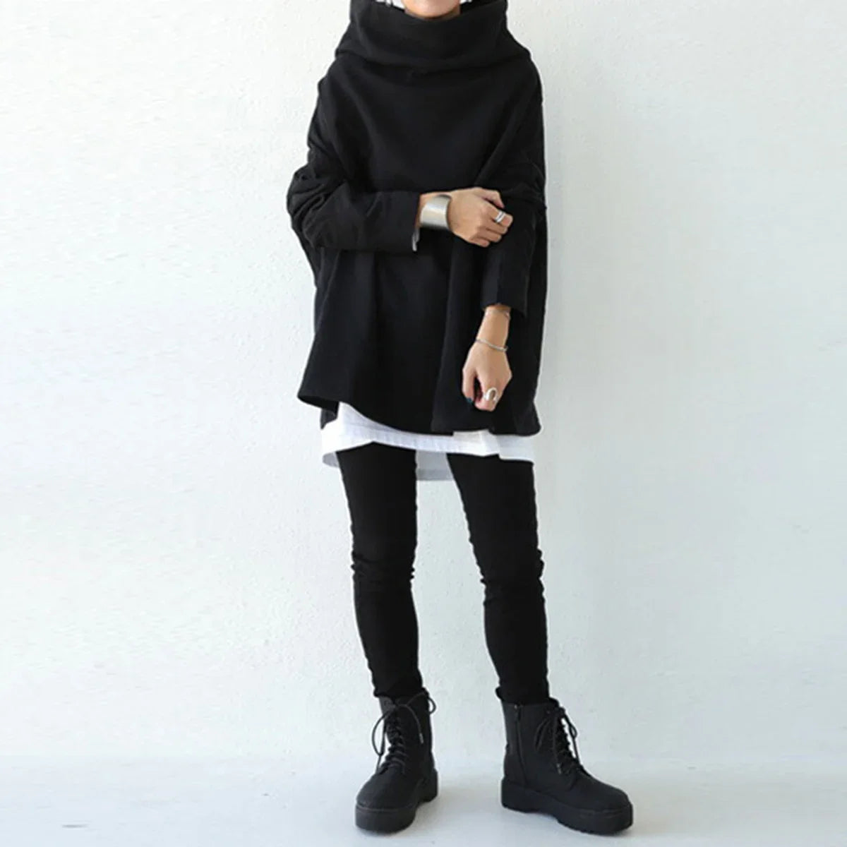 Women's Oversize Simple Tops 2025 New Fashion Casual Solid Color High-Neck Long Sleeve T-Shirt For Women