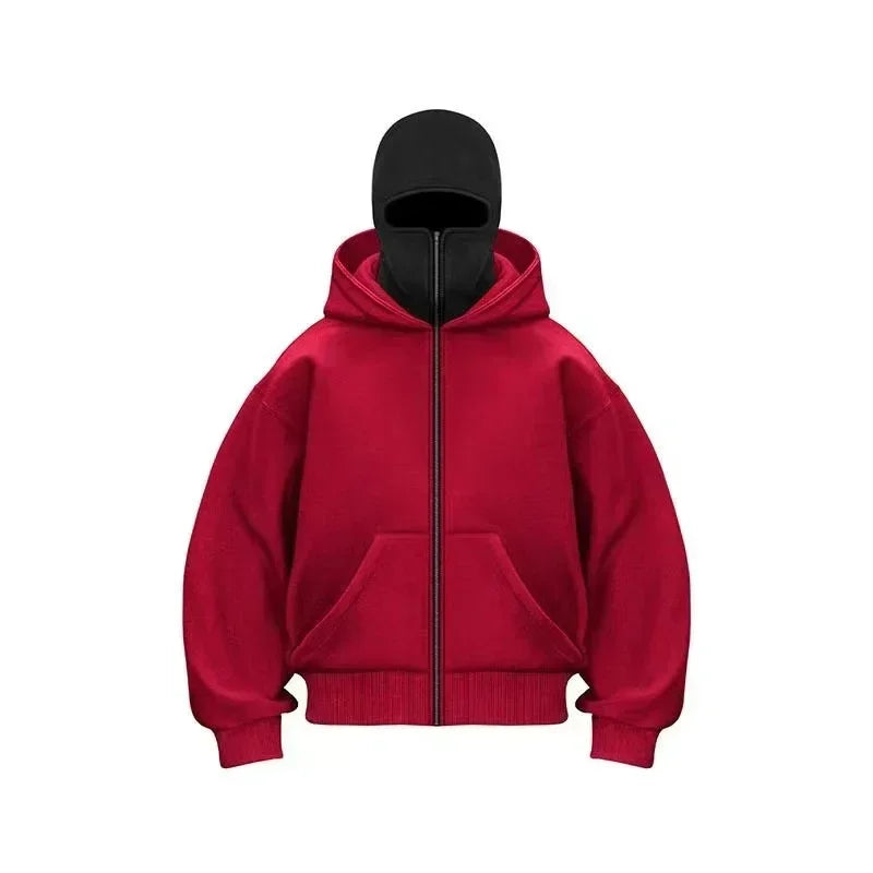Balaclava Men Zip Hoodie Winter Warm Casual Sweatshirt Y2K with Hooded Face Mask Zipper Design Sports Jacket Outdoor Activities