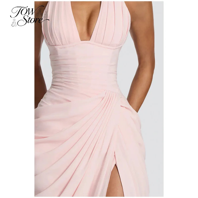 Elegant Solid Pleated Halter Women's Dress Fashion Sleeveless Backless Waist-cinching Split Maxi Dresses Summer Party Gowns 2026
