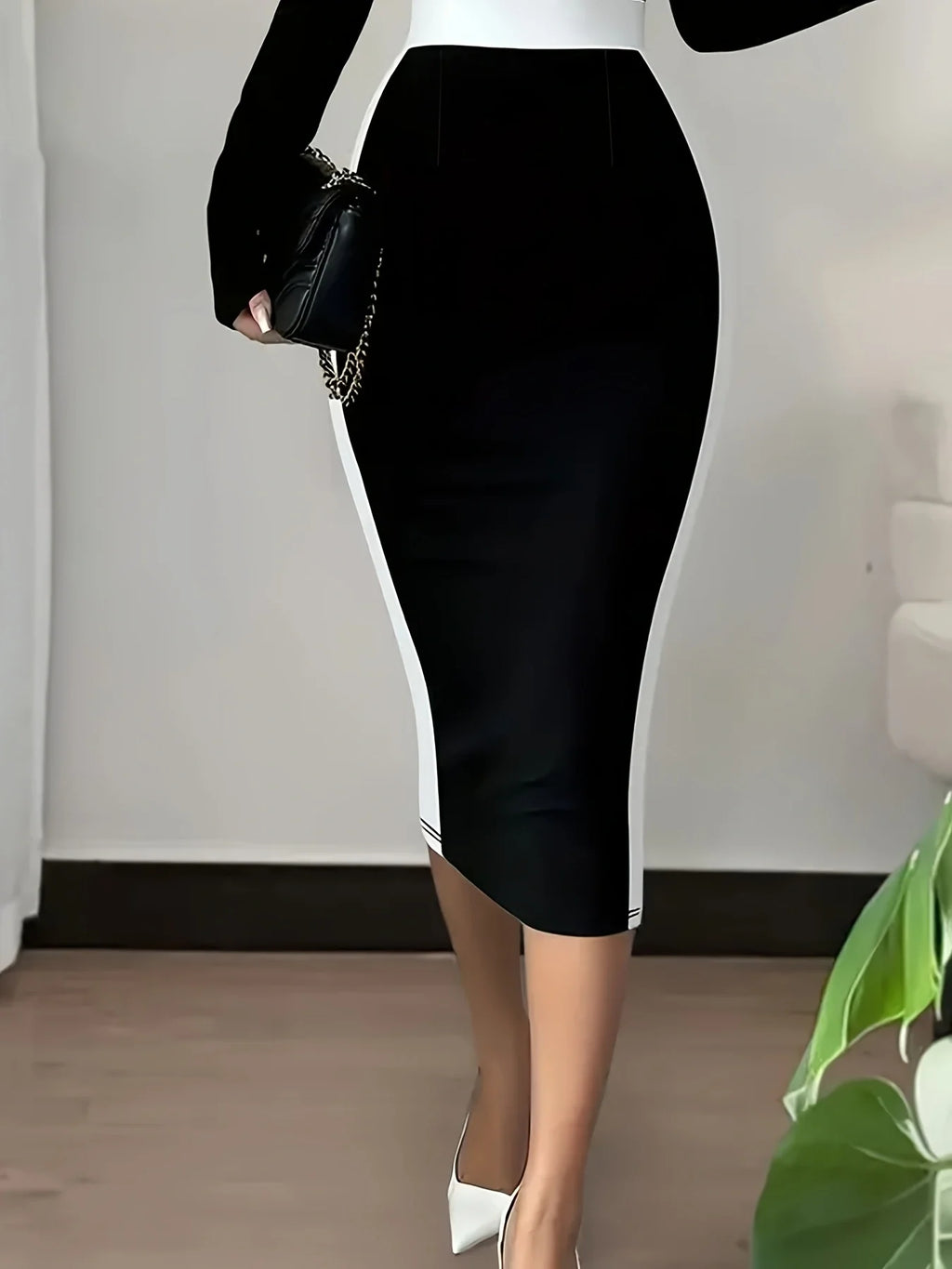 Women Elegant Colorblock Black White High Waist Work Office Bodycon Sheath Midi Pencil Skirt