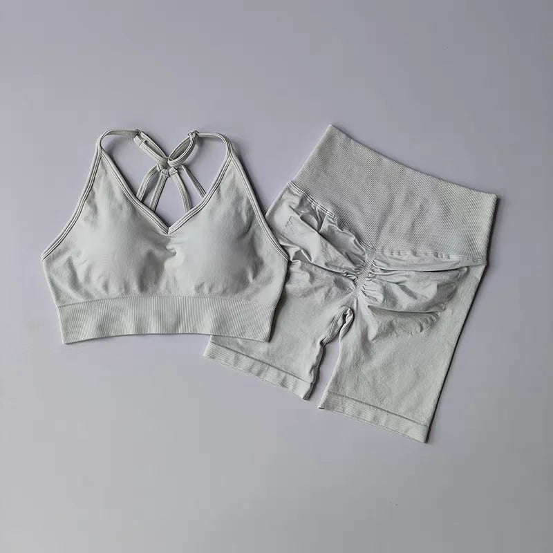 Women's High Waist Yoga Sets Workout Gym Clothing 2 Pcs Sports Suits Fitness Sets Tracksuit Sportswear Shorts Sets