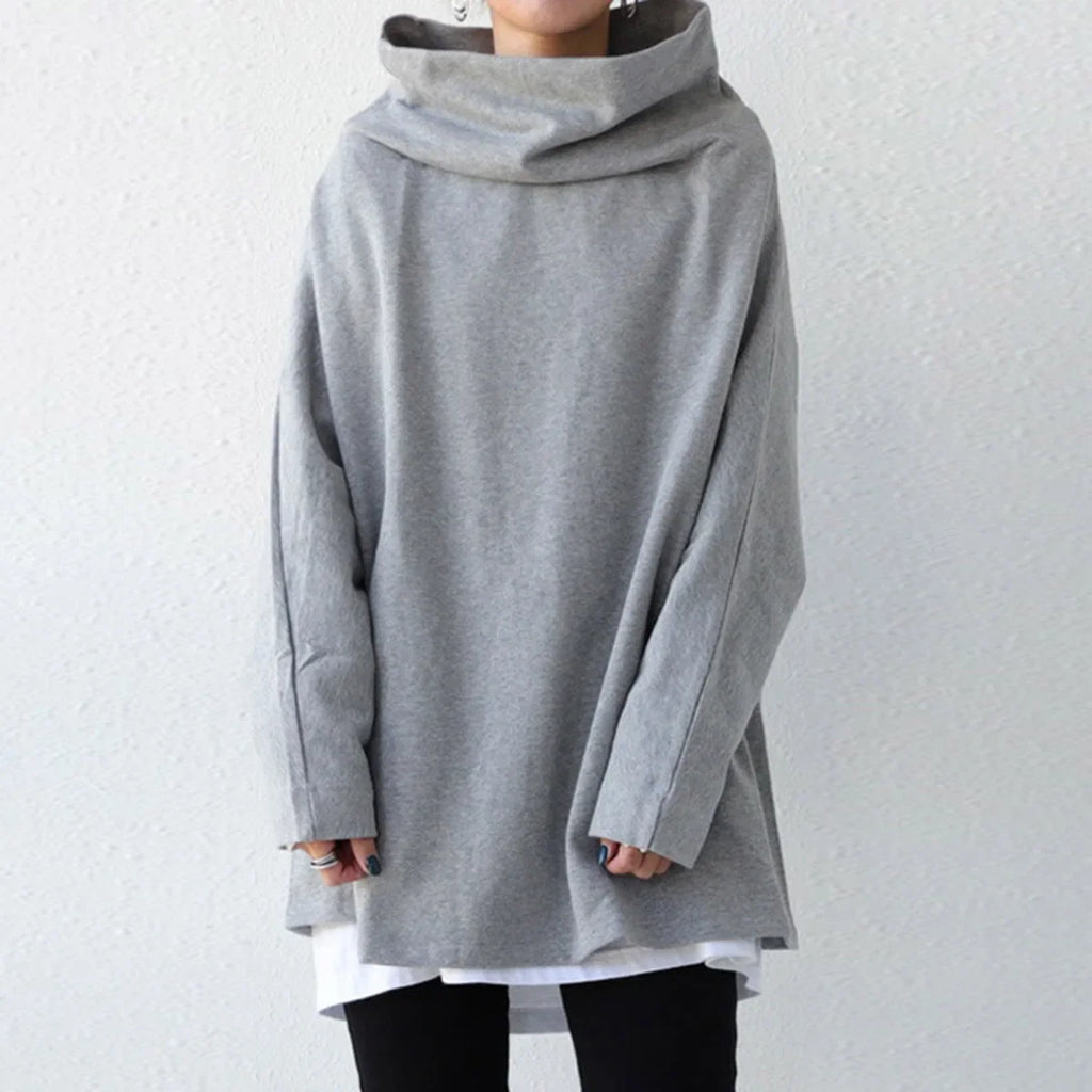 Women's Oversize Simple Tops 2025 New Fashion Casual Solid Color High-Neck Long Sleeve T-Shirt For Women