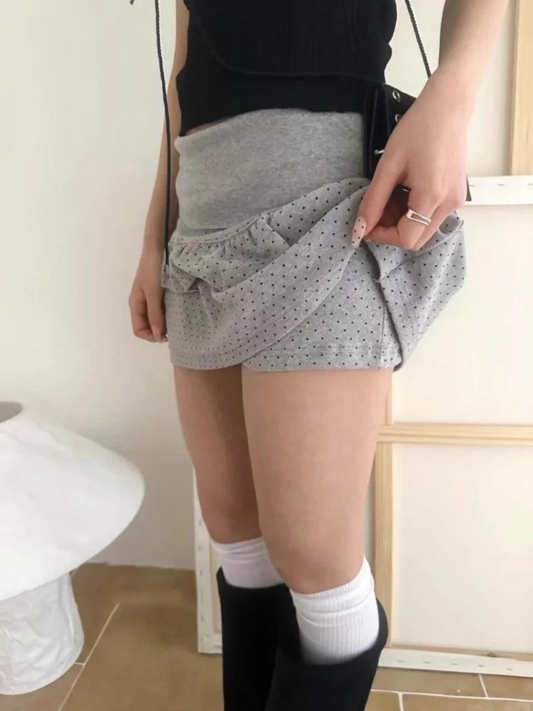 Korean Style Summer Tie Shoulder One-Shoulder Short Sleeve T-Shirt Top Slim Polka Dot  Skirt Casual High Waist A-Line Skirt