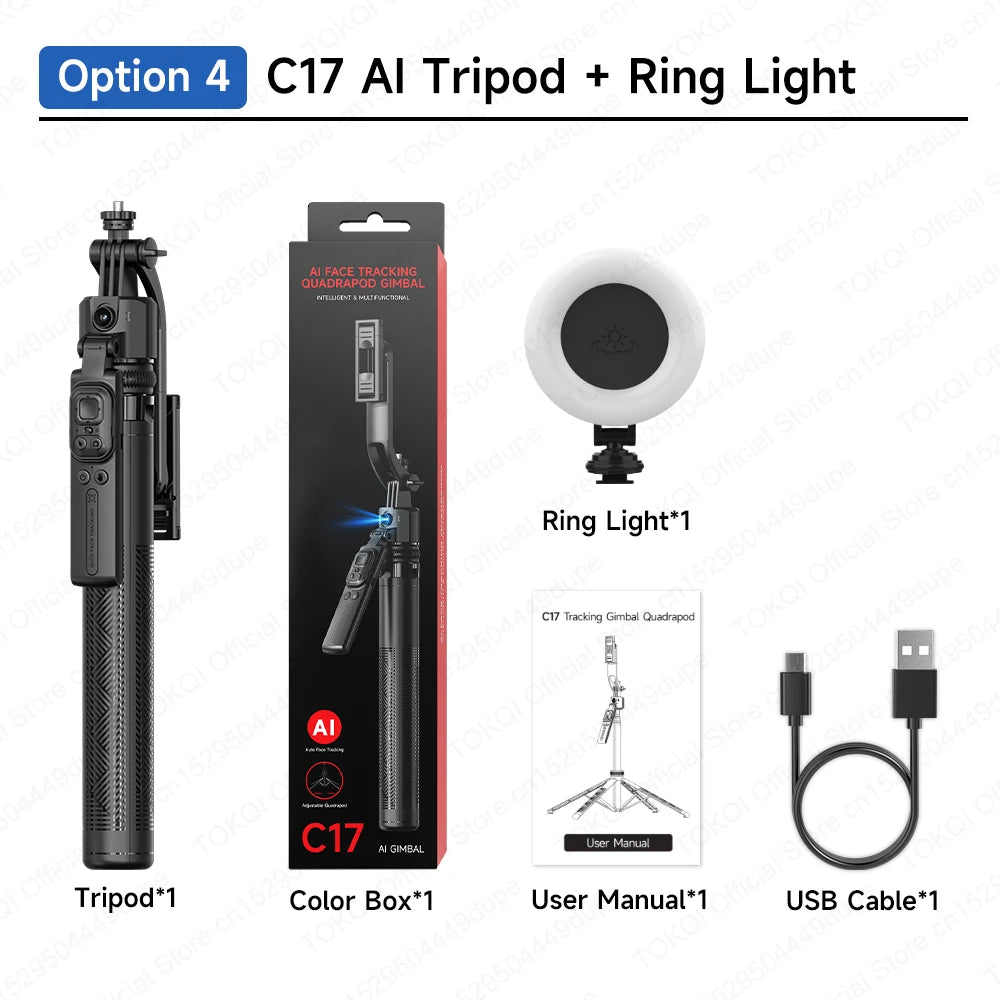 TOKQI C17 AI Tracking Gimbal Cellphone Stand Extension Rod Selfie Stick Tripod 360° Auto Rotate for Smartphones Shooting Vlog