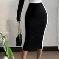 Women Elegant Colorblock Black White High Waist Work Office Bodycon Sheath Midi Pencil Skirt