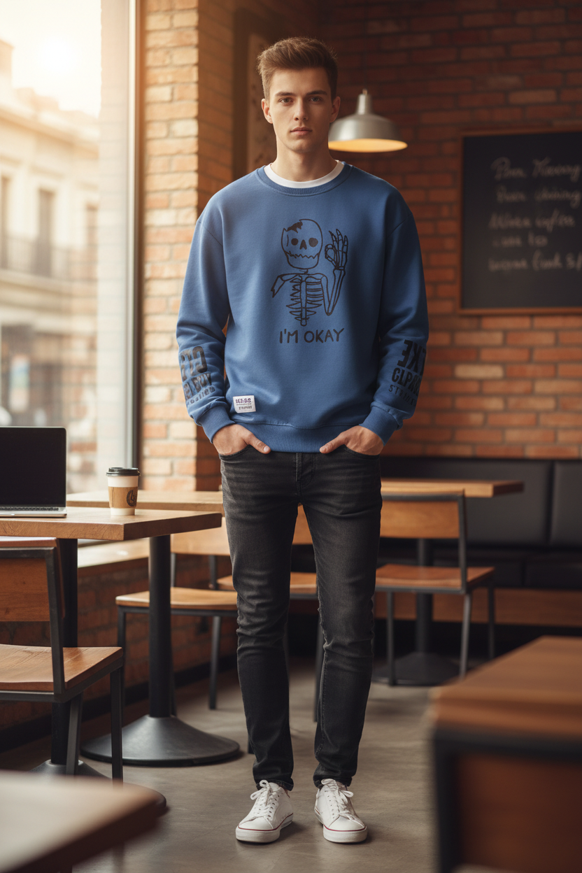 Autumn Men’s Sweatshirt Cool Bear Print Long Sleeve T-shirt Khaki O Neck Harajuku Exclusive Design Top