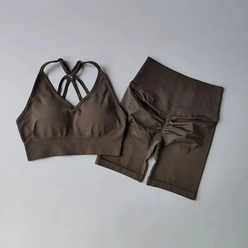 Women's High Waist Yoga Sets Workout Gym Clothing 2 Pcs Sports Suits Fitness Sets Tracksuit Sportswear Shorts Sets