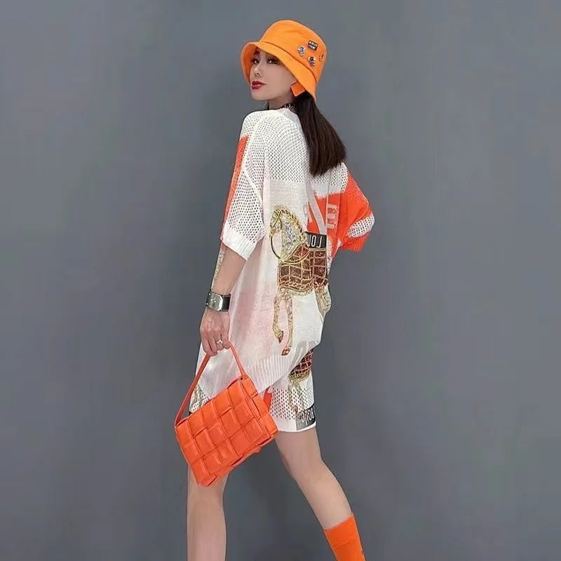 Shorts Suit Female Summer New Cartoon Rhinestone Printing Fashion Loose Round Neck Short Sleeve Top and Shorts Two-Piece Set