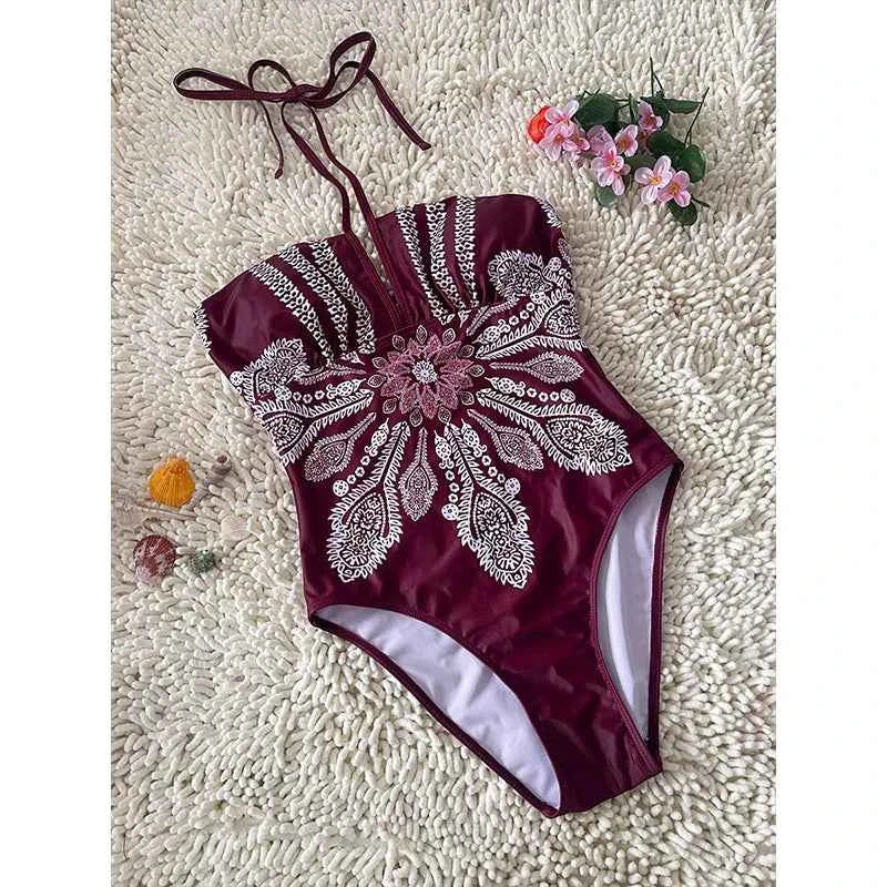 Retro Print Halter Backless Swimsuit