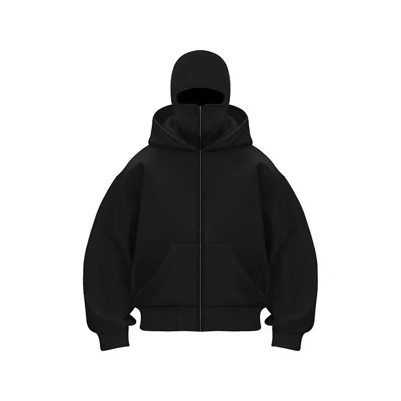 Balaclava Men Zip Hoodie Winter Warm Casual Sweatshirt Y2K with Hooded Face Mask Zipper Design Sports Jacket Outdoor Activities
