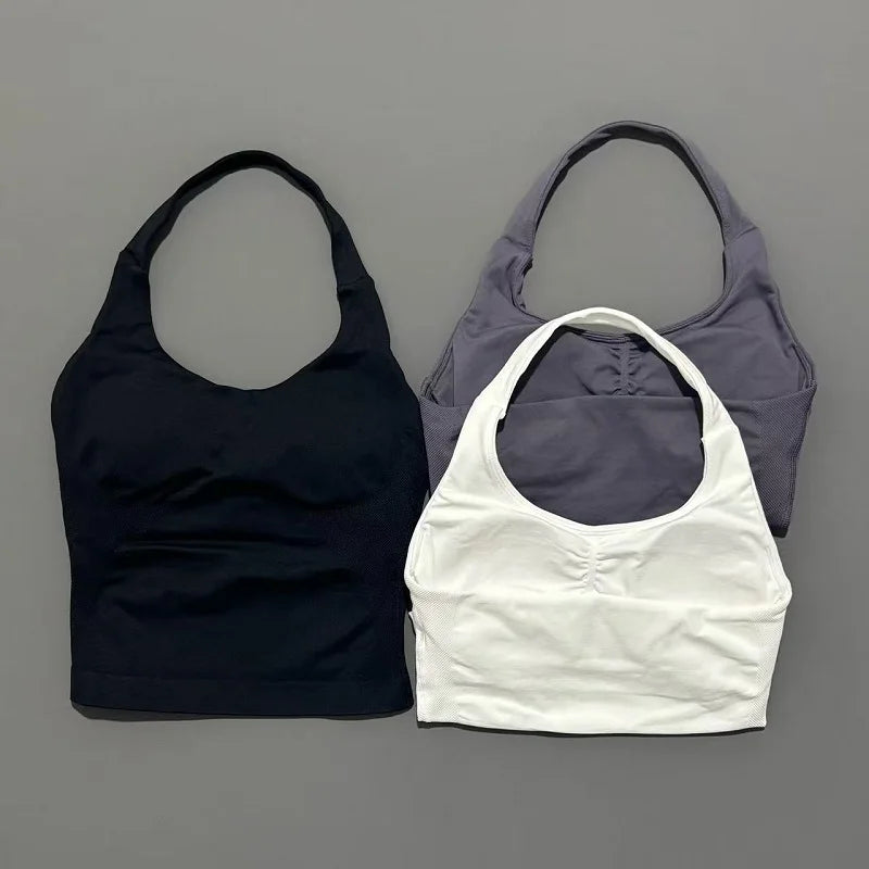 Gym Sports Top Women Seamless Yoga Tank Longline Strappy Top Open Back Bra Sportswear Gym Clothing Running Workout Halter