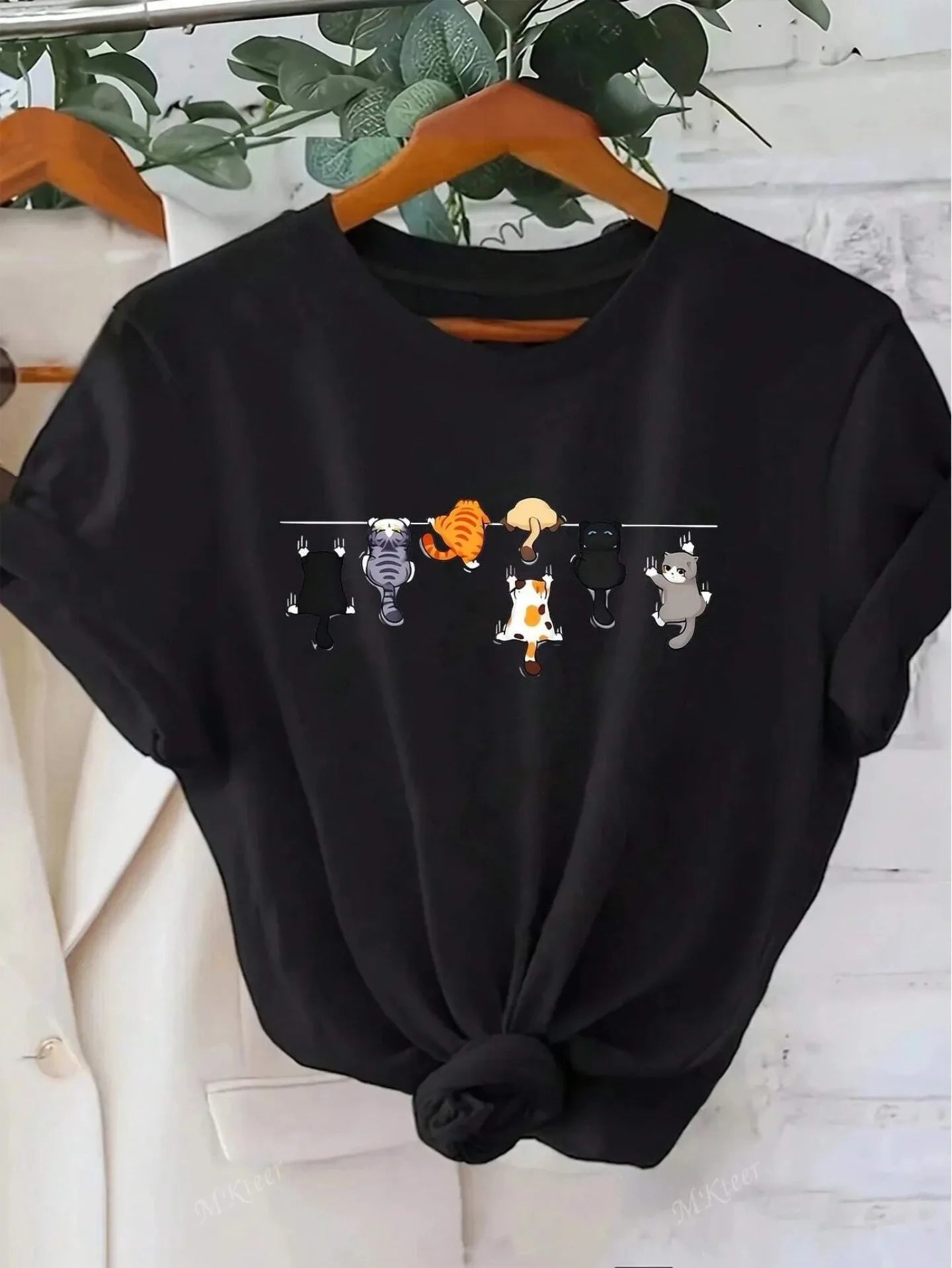 Women's T-Shirt Oversize Cute Cat Print Round Neck Short Sleeve Casual White Short Sleeve with Cat Clothing Tee Female Tops