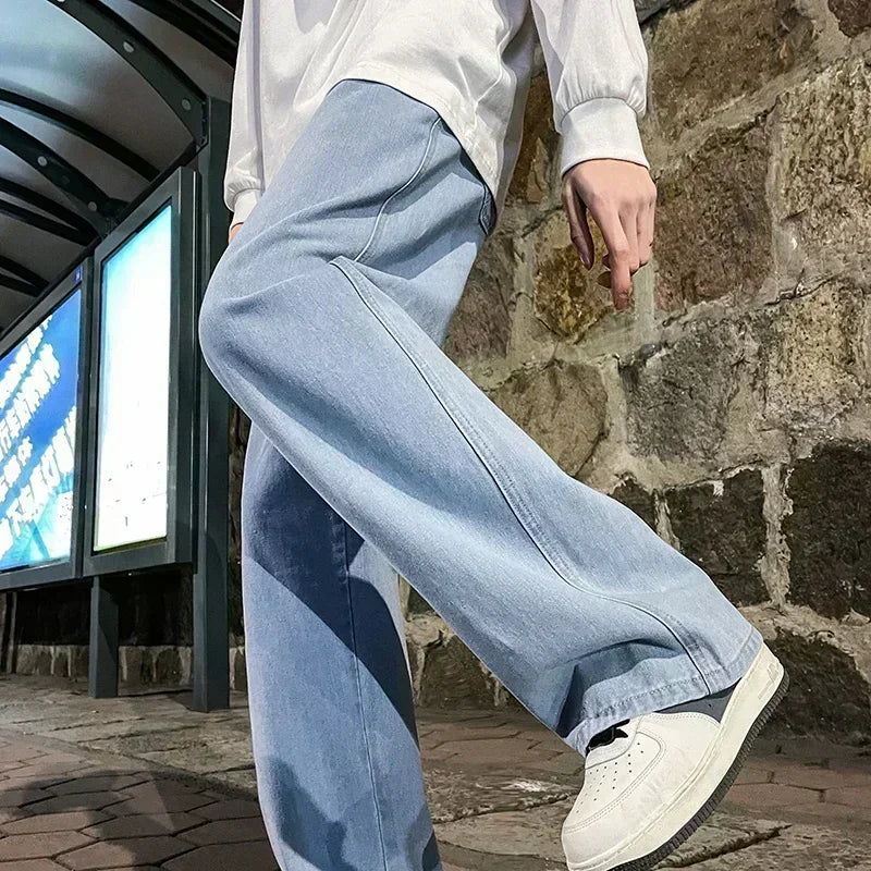 2026 New Streetwear Loose Jeans Men Korean Style Fashion Loose Straight Wide Leg Pants Men's Brand Clothing Black Light Blue