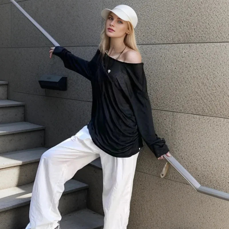 Sexy Sheer Baggy T-shirt for Women Summer Casual Fashion Loose Pullovers Chic Lazy Solid Color Off Shoulder Top Streetwear