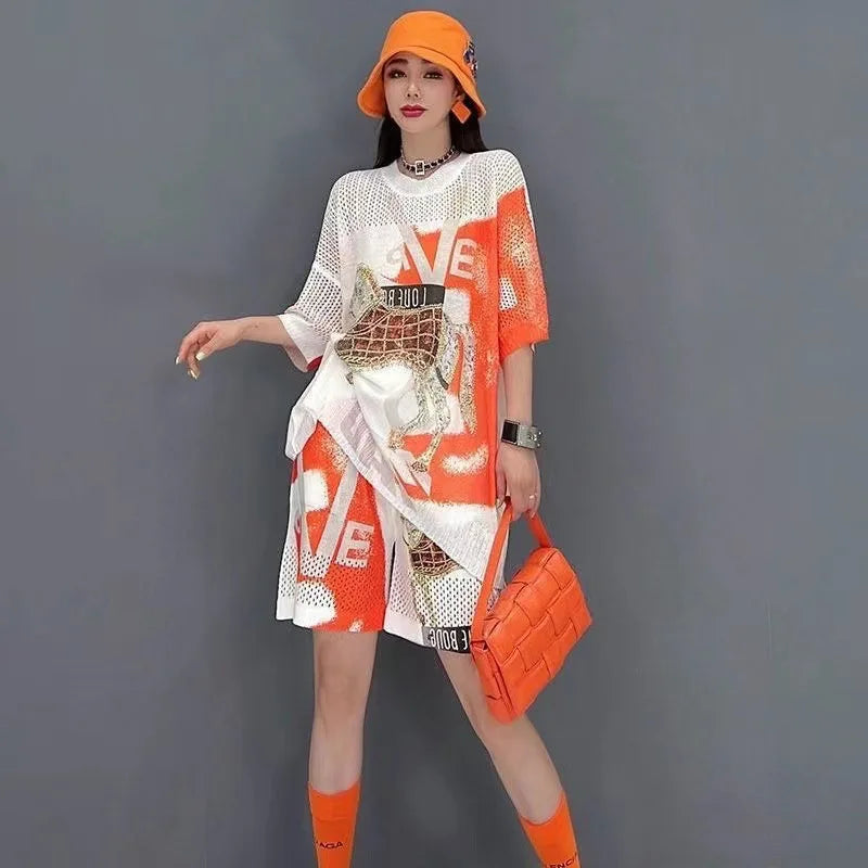 Shorts Suit Female Summer New Cartoon Rhinestone Printing Fashion Loose Round Neck Short Sleeve Top and Shorts Two-Piece Set
