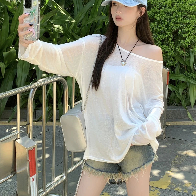 Sexy Sheer Baggy T-shirt for Women Summer Casual Fashion Loose Pullovers Chic Lazy Solid Color Off Shoulder Top Streetwear