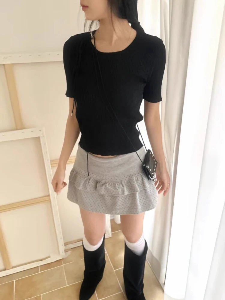 Korean Style Summer Tie Shoulder One-Shoulder Short Sleeve T-Shirt Top Slim Polka Dot  Skirt Casual High Waist A-Line Skirt