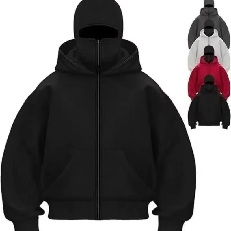Balaclava Men Zip Hoodie Winter Warm Casual Sweatshirt Y2K with Hooded Face Mask Zipper Design Sports Jacket Outdoor Activities