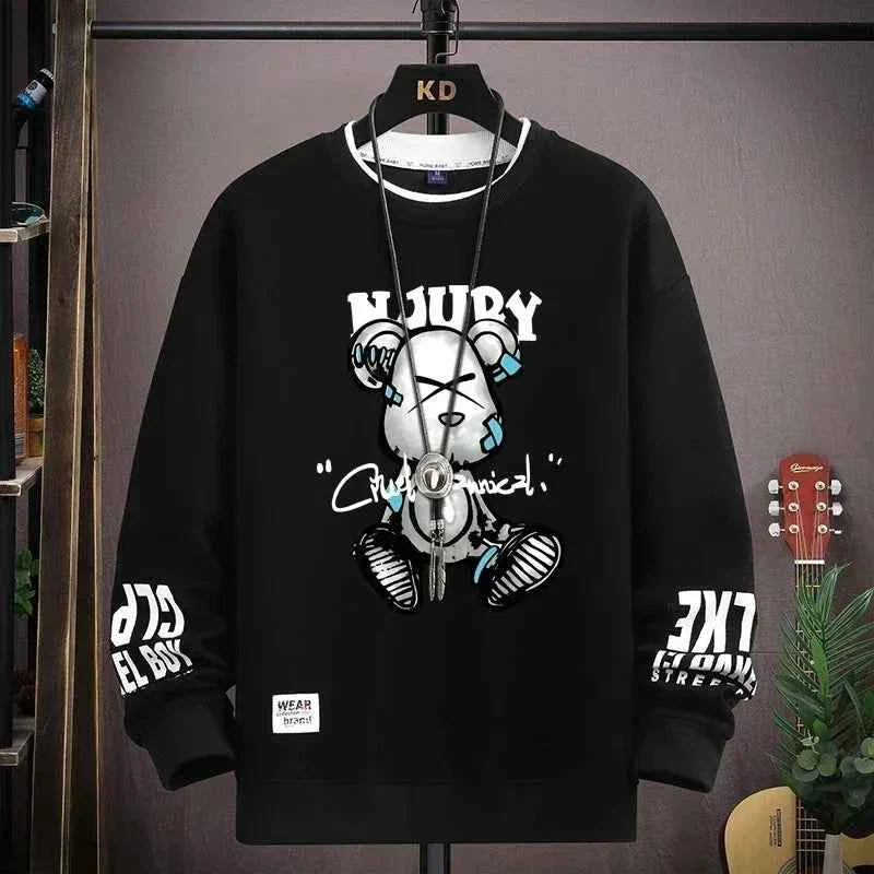 Autumn Men’s Sweatshirt Cool Bear Print Long Sleeve T-shirt Khaki O Neck Harajuku Exclusive Design Top