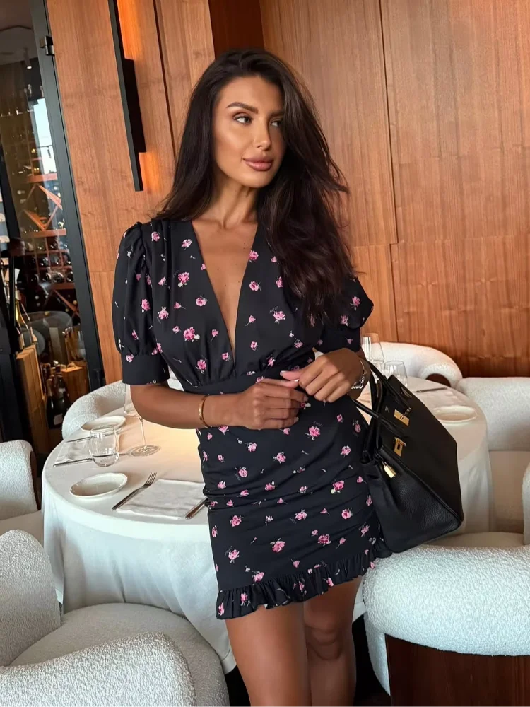 Floral Print Women's Casual Dress V-neck Puff Sleeve Waistband Ruffle Hem Female Mini Dresses 2026 Summer Party Vacation Gown