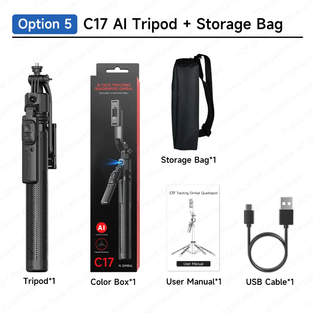 TOKQI C17 AI Tracking Gimbal Cellphone Stand Extension Rod Selfie Stick Tripod 360° Auto Rotate for Smartphones Shooting Vlog